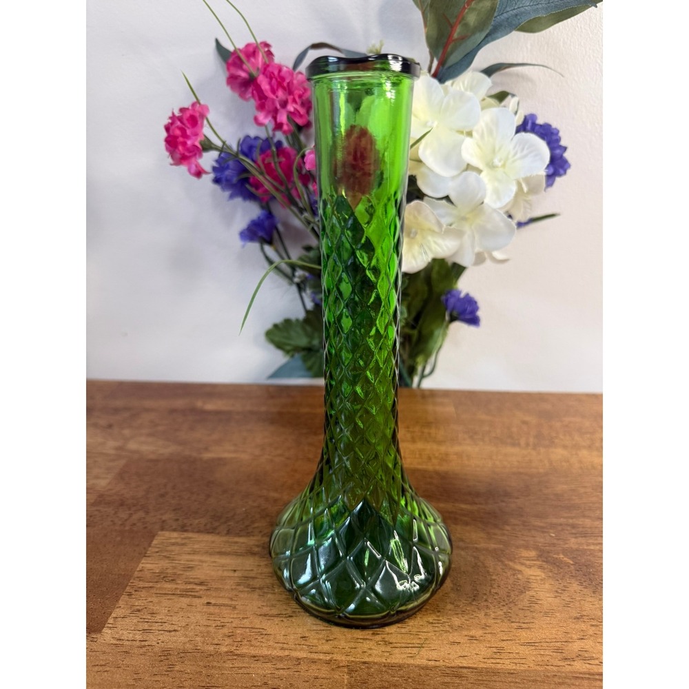 Vintage Emerald Green Glass Diamond Pattern Tall Bud Vase Footed MCM Decor